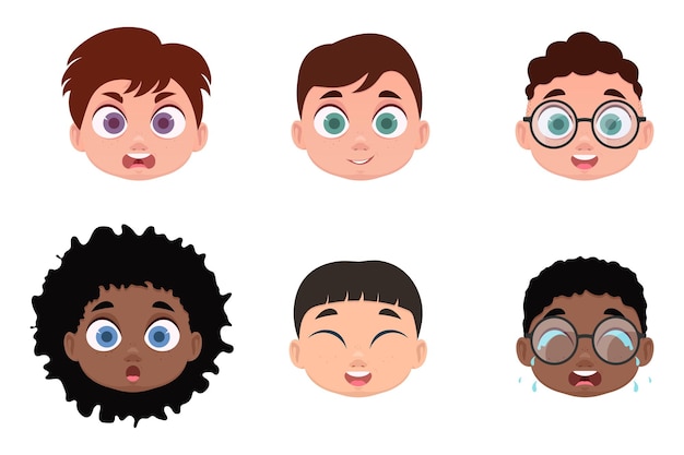Conjunto de rostros, emociones de niños. ilustración vectorial