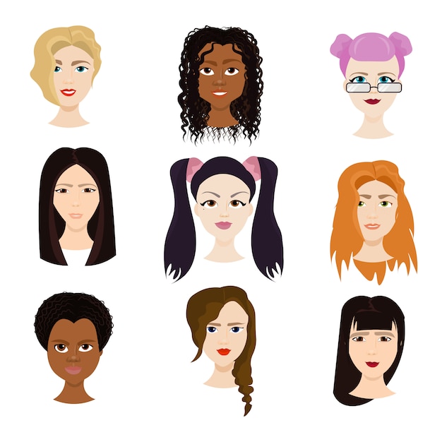 Conjunto de rostros femeninos aislados, mujeres diversas con diferentes cortes de pelo Retratos