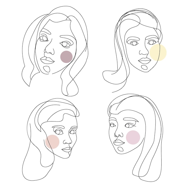 Vector conjunto de rostros femeninos dibujados con una línea continua. retratos abstractos minimalistas de mujeres hermosas. concepto de moda moderna. bosquejo negro sobre fondo blanco.