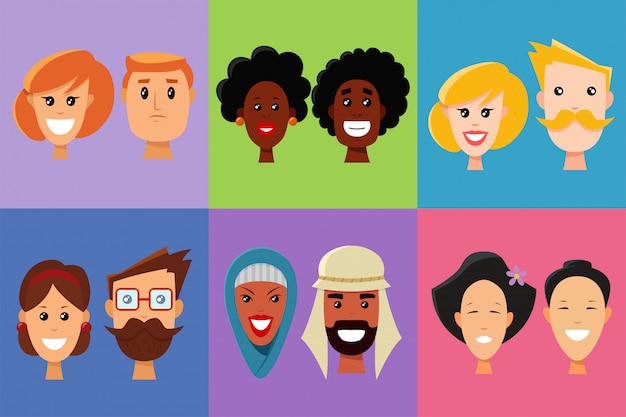 Vector conjunto de rostros de personas de diferentes nacionalidades y emociones.