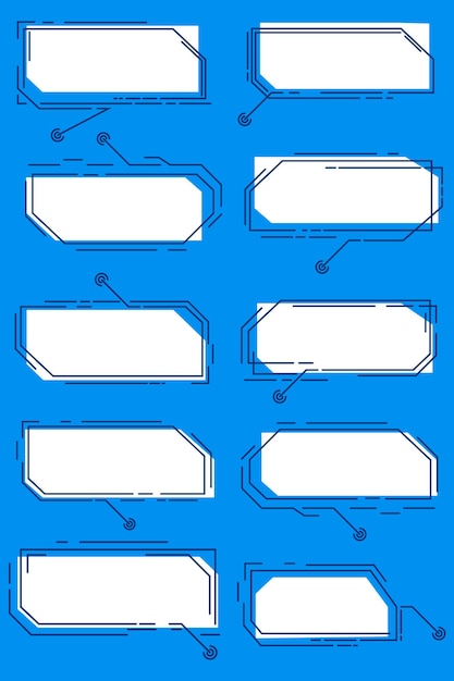 Un conjunto de rótulos digitales blancos, aislado en un fondo azul. Plantillas de HUD futuristas en varias formas. Ilustración vectorial