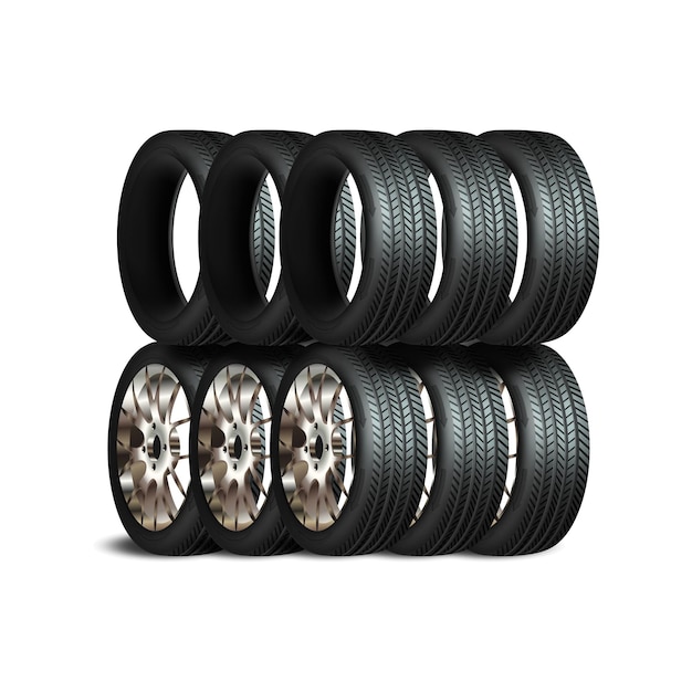 Vector conjunto de ruedas de coche montón de neumáticos nuevos aislado en blanco rueda de coche neumático de coche ruedas de aluminio aisladas sobre fondo blanco grupo de neumáticos vector de alto detalle