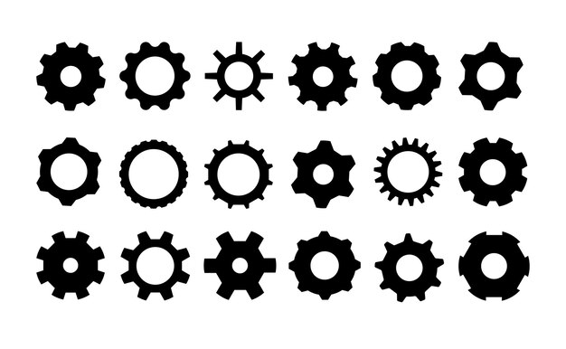 Conjunto de ruedas de engranajes Costas negras Colección de ruedas mecánicas 18 Vector de fondo blanco