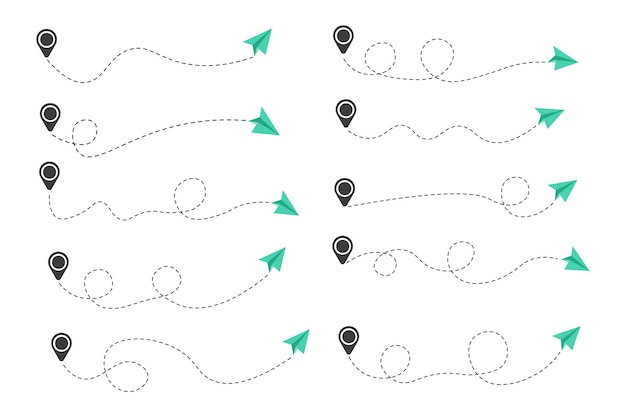 Conjunto de ruta de avión de papel de línea discontinua con diseño plano de icono de ubicación