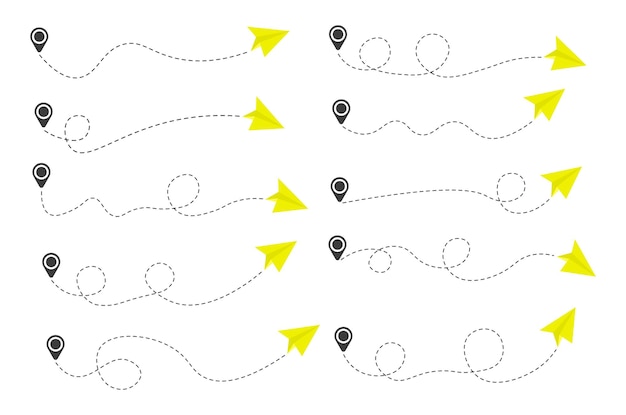 Conjunto de ruta de avión de papel de línea discontinua con icono de ubicación