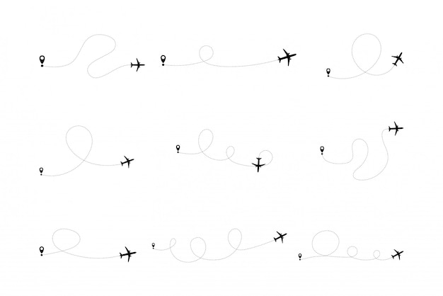 Conjunto de ruta de línea de avión de ruta de vuelo de avión con punto de inicio y trazo de línea de guión.