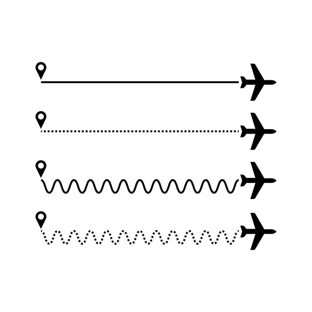 Conjunto de rutas de viaje del avión rectas y punteadas