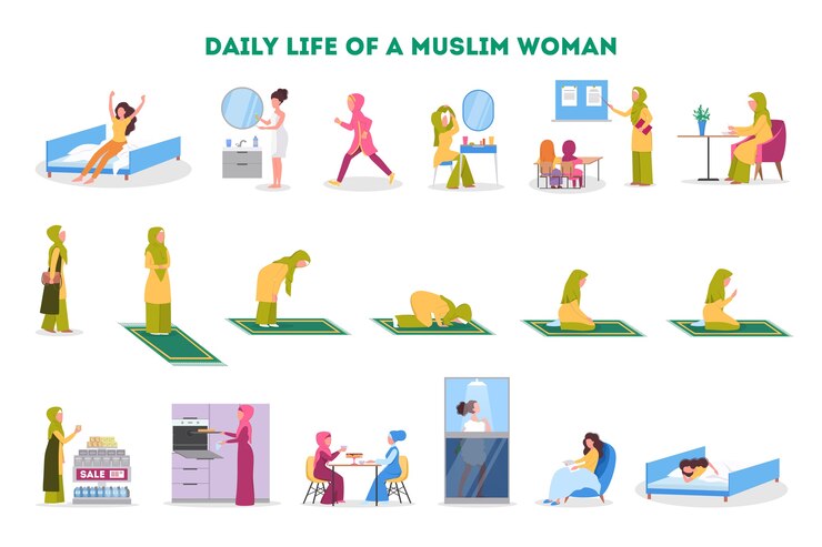 Conjunto de rutina diaria de una mujer musulmana. Personaje femenino desayunando por la mañana, trabajando, rezando y durmiendo. Vida musulmana moderna. ilustración