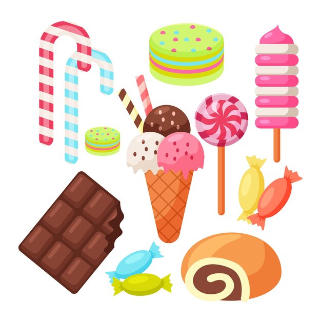 Conjunto de sabrosos helados Dulce verano delicadeza sundaesgelatos con diferentes conos de helado tastiescollection y paletas con diferentes topping Ilustración vectorial