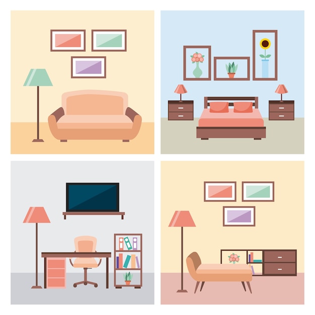 Conjunto de sala de casa interior con iconos de muebles dormitorio de vida