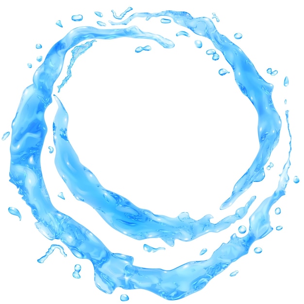 Conjunto de salpicaduras de agua opacas en forma de medios anillos y gotas de agua en colores azul claro sobre blanco