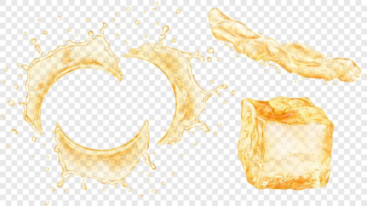 Vector conjunto de salpicaduras de agua semicircular translúcida con gotas, chorro de líquido y cubito de hielo en colores amarillos, aislado sobre fondo transparente. transparencia solo en formato vectorial