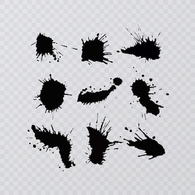 Conjunto de salpicaduras y gotas de tinta negra diferentes elementos de diseño de aerosol dibujados a mano pechos y patrones ilustración de vector aislado