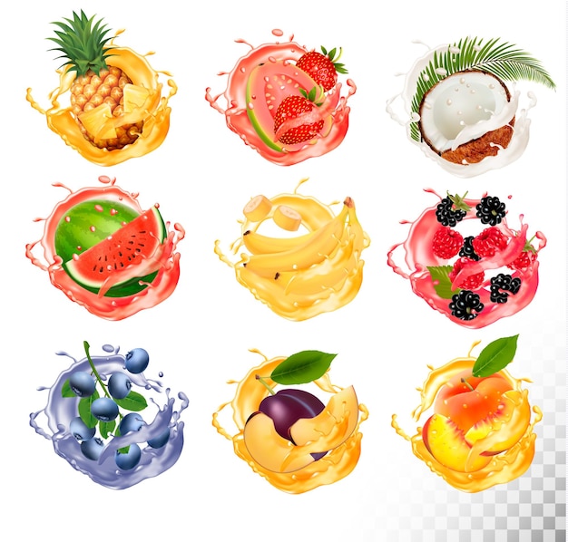 Conjunto de salpicaduras de jugo de frutas. Piña, fresa, sandía, mango, melocotón, mora, frambuesa, plátano, guayaba, bueberry, coco. Vector