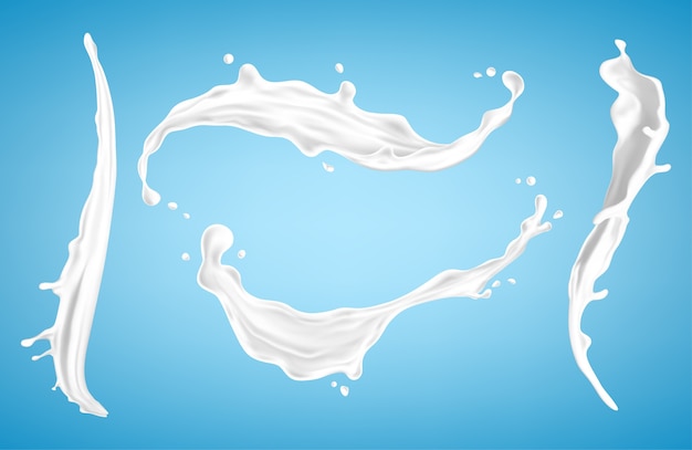 Conjunto de salpicaduras de leche aislado sobre fondo azul. Splash de productos lácteos naturales, yogur o crema. Ilustración realista