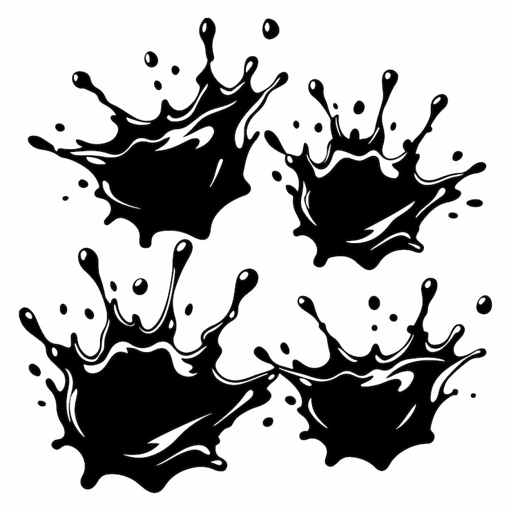 Vector conjunto de salpicaduras o gotas de agua salpicadures de tinta negra manchas de suciedad pulverizaciones y contornos de salpicadura negra
