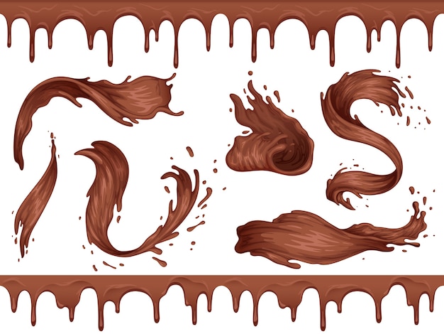 Conjunto de salpicaduras y ondas de chocolate caliente líquido. Frontera sin costuras de chocolate. Plano de dibujos animados aislado sobre un fondo blanco.