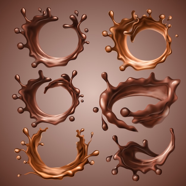 Conjunto de salpicaduras realistas y gotas de chocolate negro y con leche derretido. salpicaduras de círculo dinámico de chocolate líquido remolino, café caliente, cacao. elementos de diseño para envases. ilustración 3d.