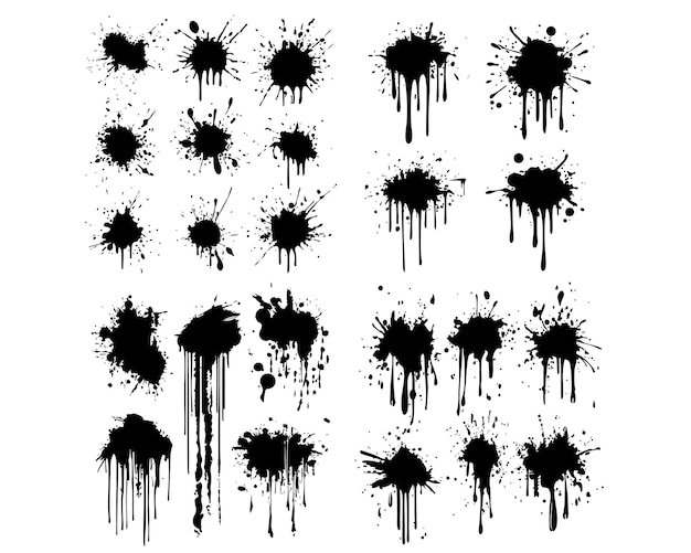 Conjunto de salpicaduras de tinta grunge con efecto de pintura goteante en negro sobre fondo blanco
