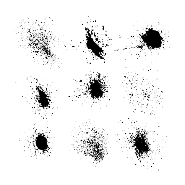 Vector conjunto de salpicaduras de tinta negra y gotas diferentes elementos de diseño de aerosol manchas y salpicaduras