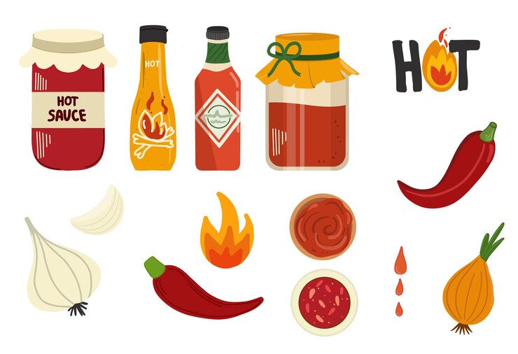 Vector conjunto de salsa fría caliente botellas de cocina picantes con salsas