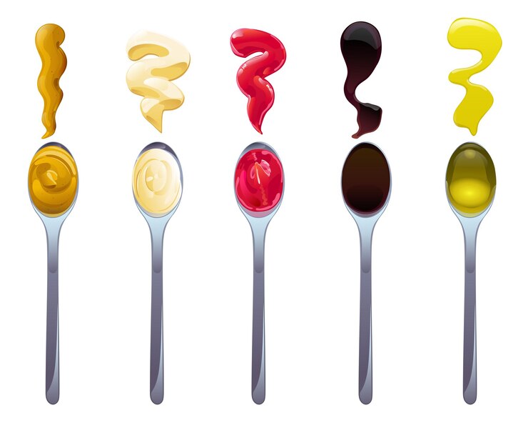 Vector conjunto de salsa grande en cucharas. salsas de soja, aceite de oliva, mostaza, ketchup y mayonesa. elementos de condimento para el diseño de alimentos.