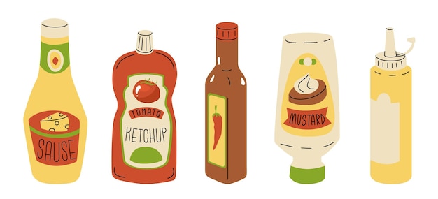 Un conjunto de salsas y marinadas para preparar deliciosos platos caseros Aderezo dulce picante agrio para la comida Sabor brillante Ilustración vectorial aislada en fondo transparente