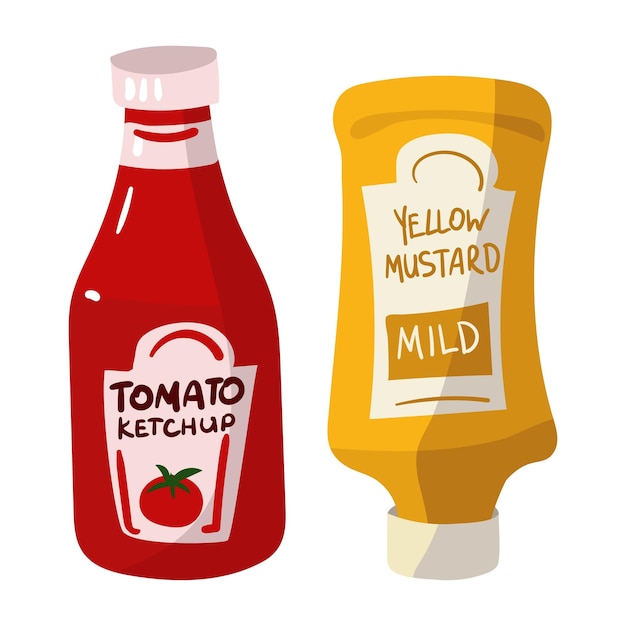 Conjunto de salsas de mostaza y ketchup botella amarilla y roja con inscripciones salsas aisladas adecuadas