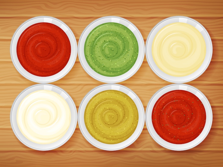 Vector conjunto de salsas sobre fondo de madera. estilo de dibujos animados