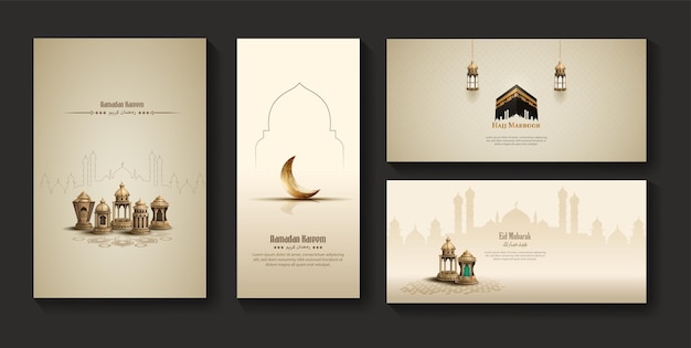 conjunto de saludos islámicos diseño de banner de ramadan kareem con linternas y luna creciente