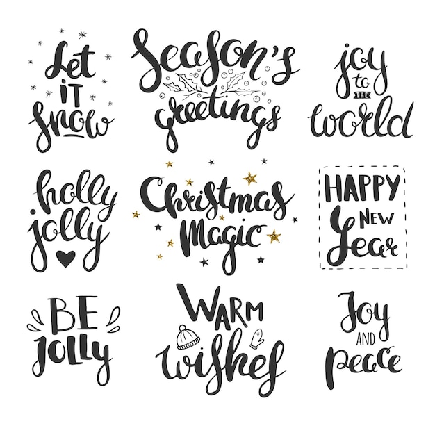 Conjunto de saludos de Navidad y año nuevo dibujado a mano en caligrafía Letras de Navidad de vector