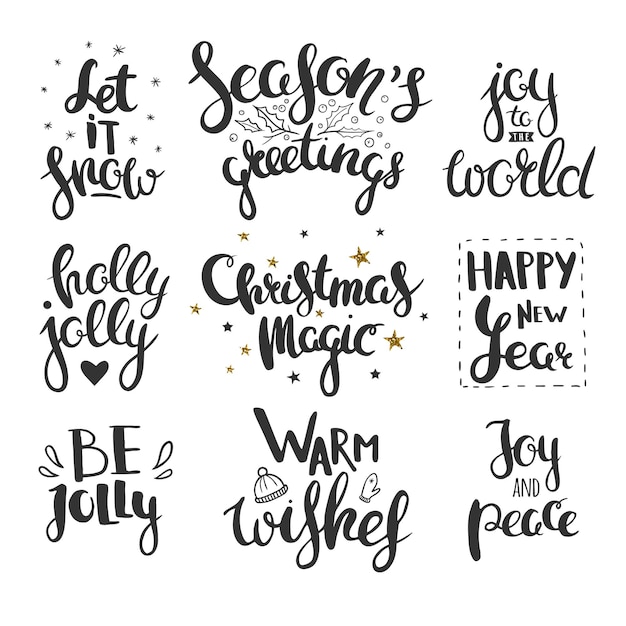 Conjunto de saludos de navidad y año nuevo dibujado a mano en caligrafía letras de navidad de vector