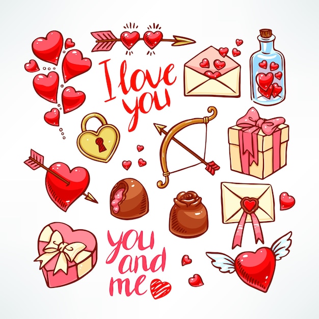 Conjunto de San Valentín. Corazón, regalos, dulces. ilustración dibujada a mano