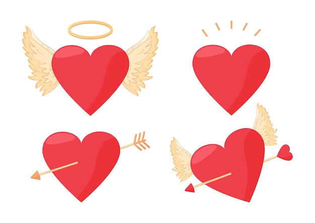 Conjunto de San Valentín. Corazones, alas de ángel, corazón atravesado por una flecha. Ilustración de vacaciones