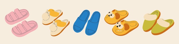 Conjunto de sandalias de verano de colores en el estilo de dibujos animados ilustración vectorial de varias sandalias de verán abiertas