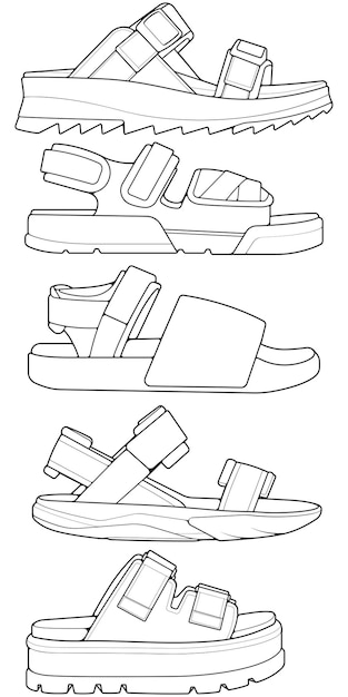 conjunto de sándalos de correa de contorno sándales de correa contorno de dibujo vector sándalas de correa dibujadas en un boceto estilo sándalos del modelo de entrenadores de correa