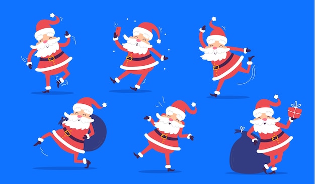 conjunto de santa claus en diferentes poses con una bolsa de regalos