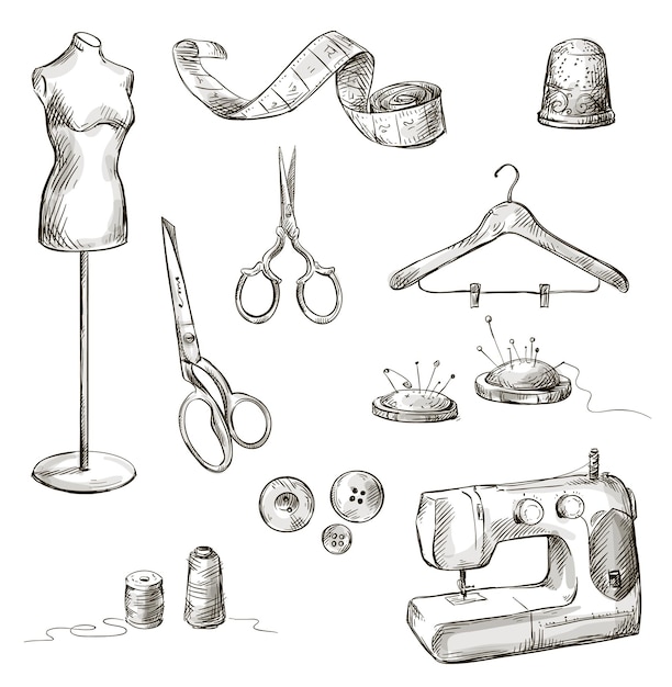 Conjunto de sastre de dibujos de accesorios de costura ilustración vectorial