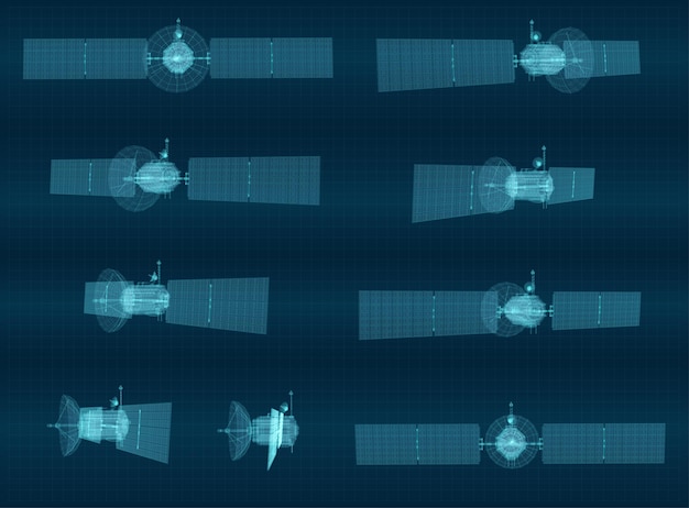 Conjunto de satélites de comunicación y comunicación 3d vectoriales sobre fondo azul