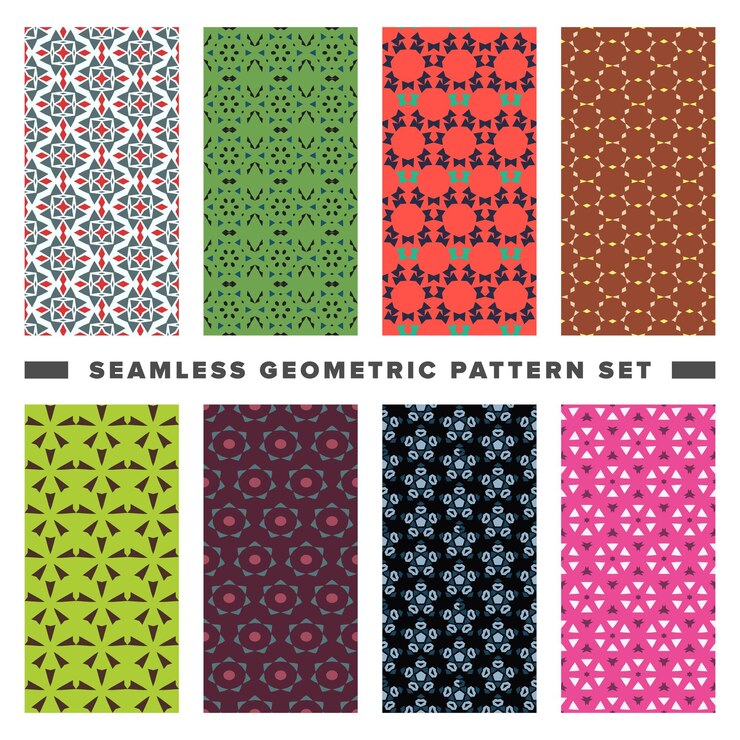 Vector conjunto, de, seamless, decorativo, formas geométricas, patrón
