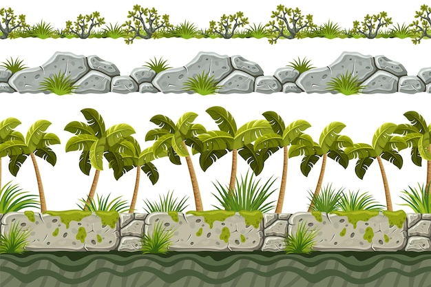 conjunto, de, seamless, frontera, viejo, gris, roca, hierba, vector, piedra, aceras, con, palmeras