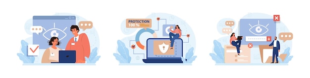 Conjunto de seguridad cibernética o web La inteligencia artificial proporciona protección de datos y seguridad de la base de datos de un dispositivo digital Protección del acceso a Internet prevención de ataques cibernéticos Ilustración de vector plano