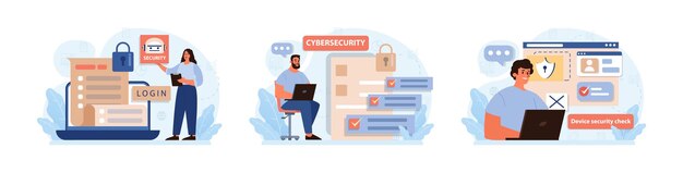 Conjunto de seguridad cibernética o web La inteligencia artificial proporciona protección de datos y seguridad de la base de datos de un dispositivo digital Protección del acceso a Internet prevención de ataques cibernéticos Ilustración de vector plano