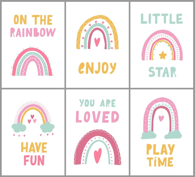 conjunto de seis afiches de guardería decorados con arco iris y citas con letras para prendas de vestir, pegatinas, estampados