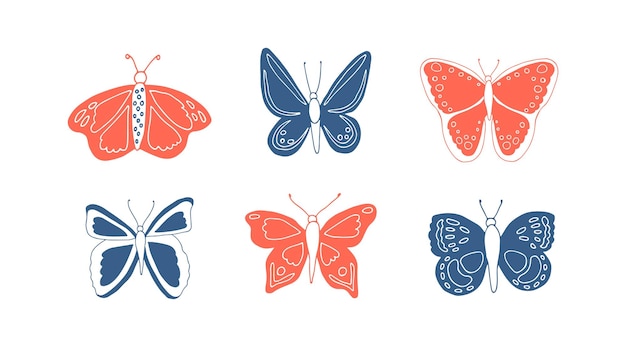 conjunto, de, seis, azul, blanco, y, rojo, mano, dibujado, lindo, vector, mariposas, mariposa, vector, ilustración