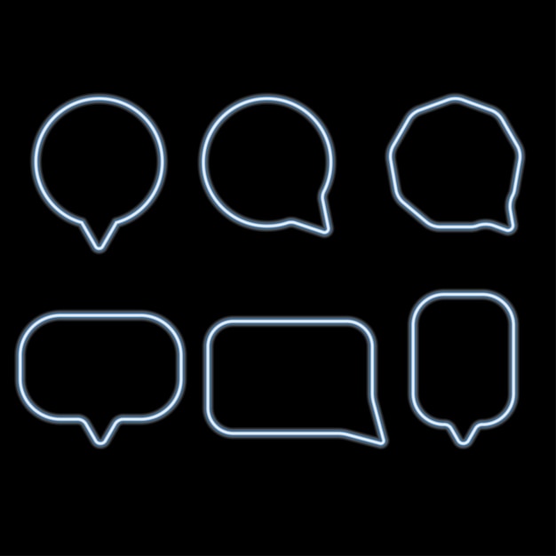 Conjunto de seis burbujas de discurso de neón Fondo negro Ilustración vectorial