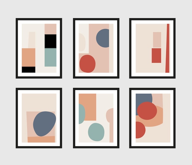 Un conjunto de seis carteles abstractos de formas simples colores agradables dibujados a mano varios garabatos