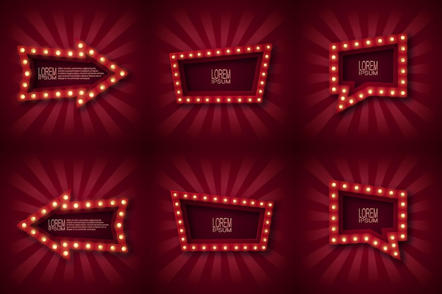 Conjunto de seis carteles publicitarios, banner, emblema para atraer clientes. La forma de una flecha, un trapezoide y un puntero. Con bombillas incandescentes a lo largo del contorno, en rayos rojos y blancos.