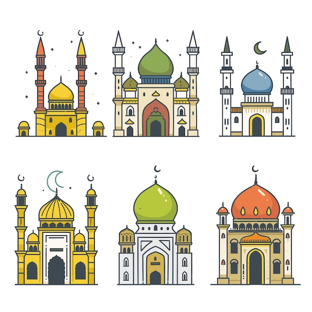 Un conjunto de seis coloridas ilustraciones de mezquitas, distintas cúpulas, minaretes, detalles de la arquitectura islámica.