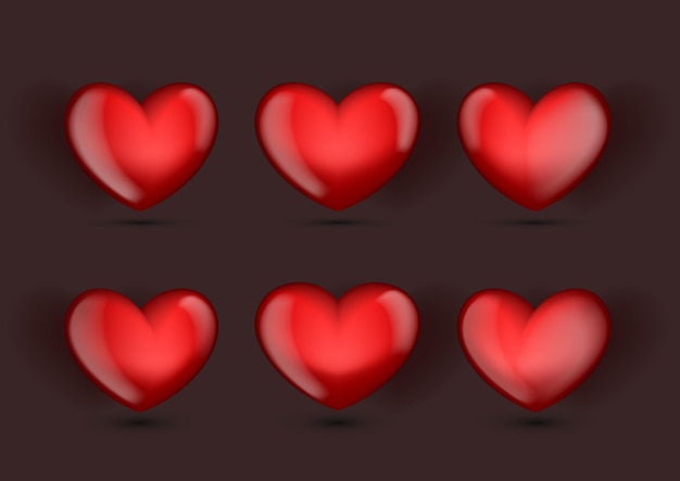 Conjunto de seis corazones rojos brillantes 3D